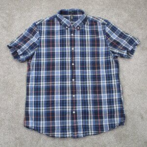 14th & Union Shirt Men Large Blue Plaid Non Iron Short Sleeve Cotton Button Down